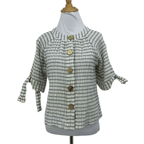 Sundance Crinkled Blouse Women's Size S Mid Sleeve Tie Cuff Big Buttons Shirt - Picture 1 of 10